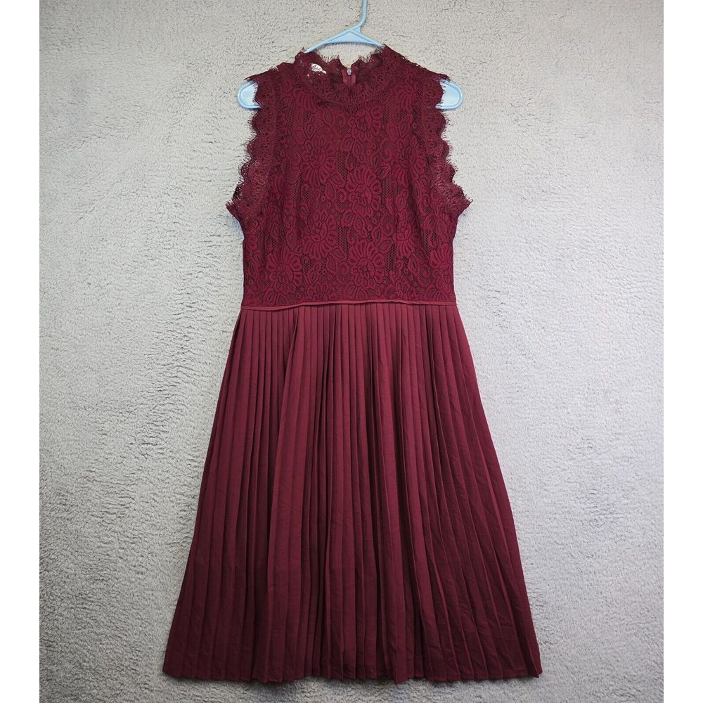 Libby Edelman Dress Women's XL Burgundy Pleated Floral Lace Romantic Midi